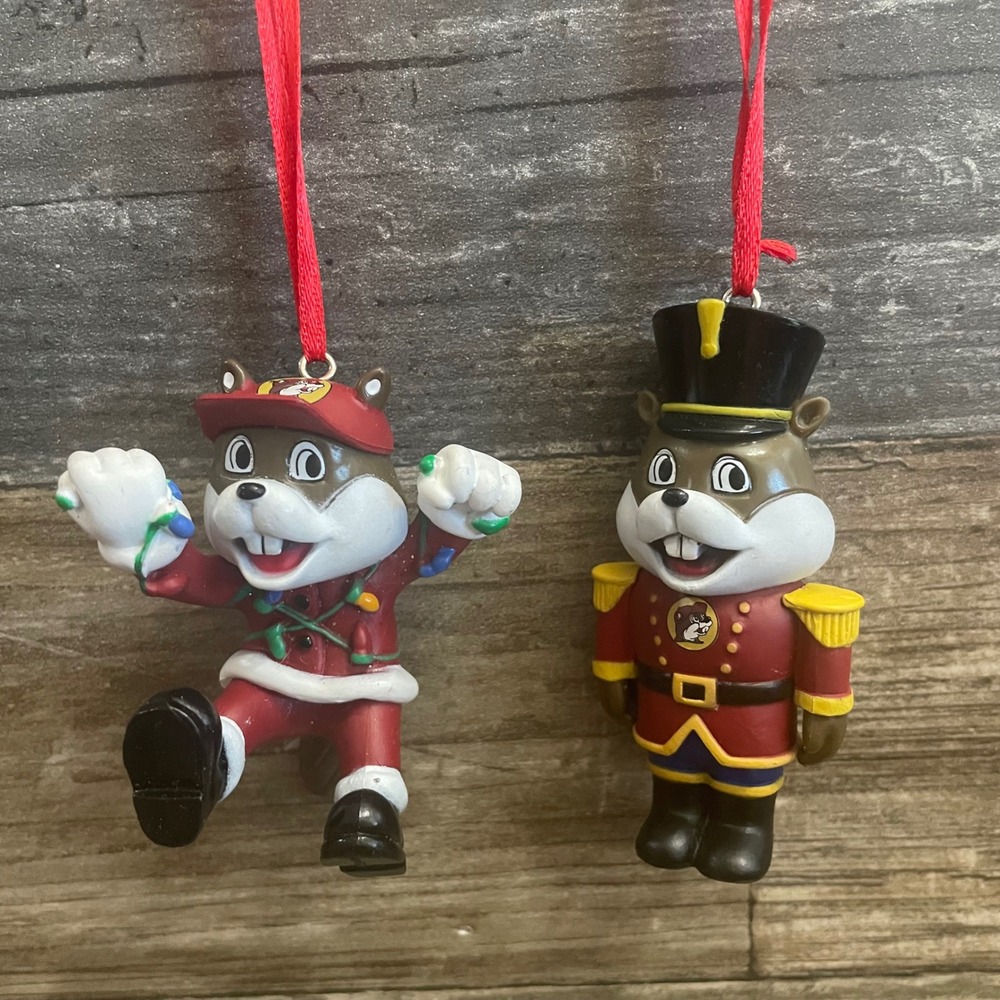 Buc-ee's Christmas Ornaments Set of 2 Santa and Nutcracker Beaver Mascot Red
